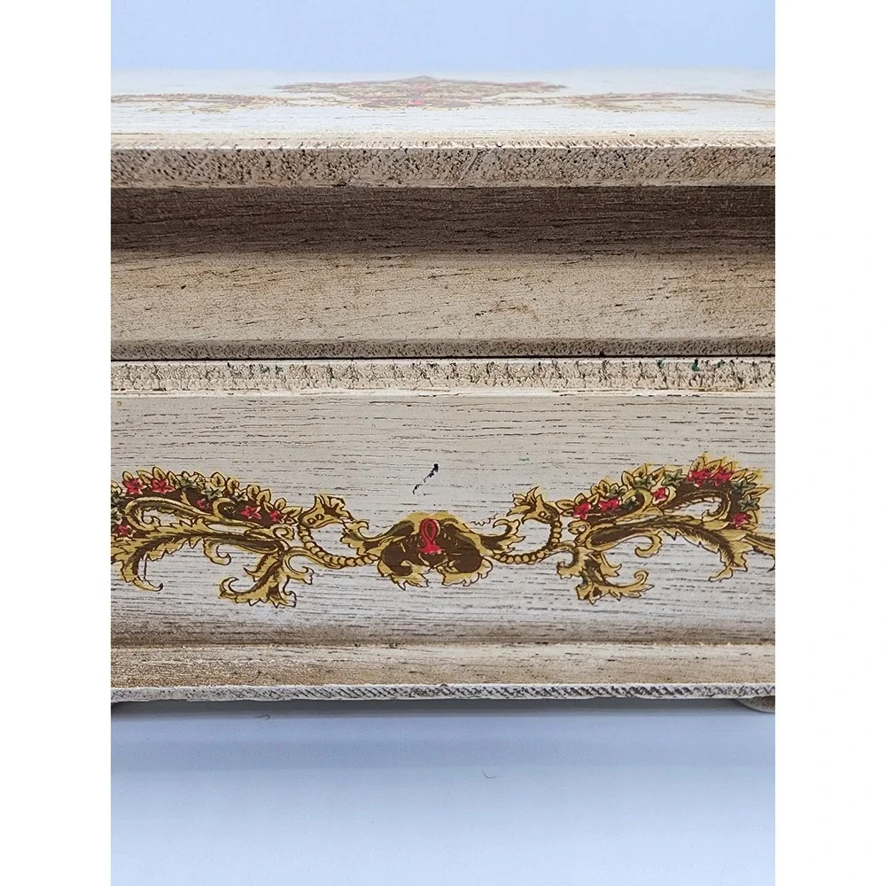 Vintage Japan Wooden Jewelry Music Box White Gold Floral Footed Mirror Lining